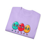 Cute Easter Egg Trio T‑Shirt — Colorful Cartoon Eggs Graphic Tee