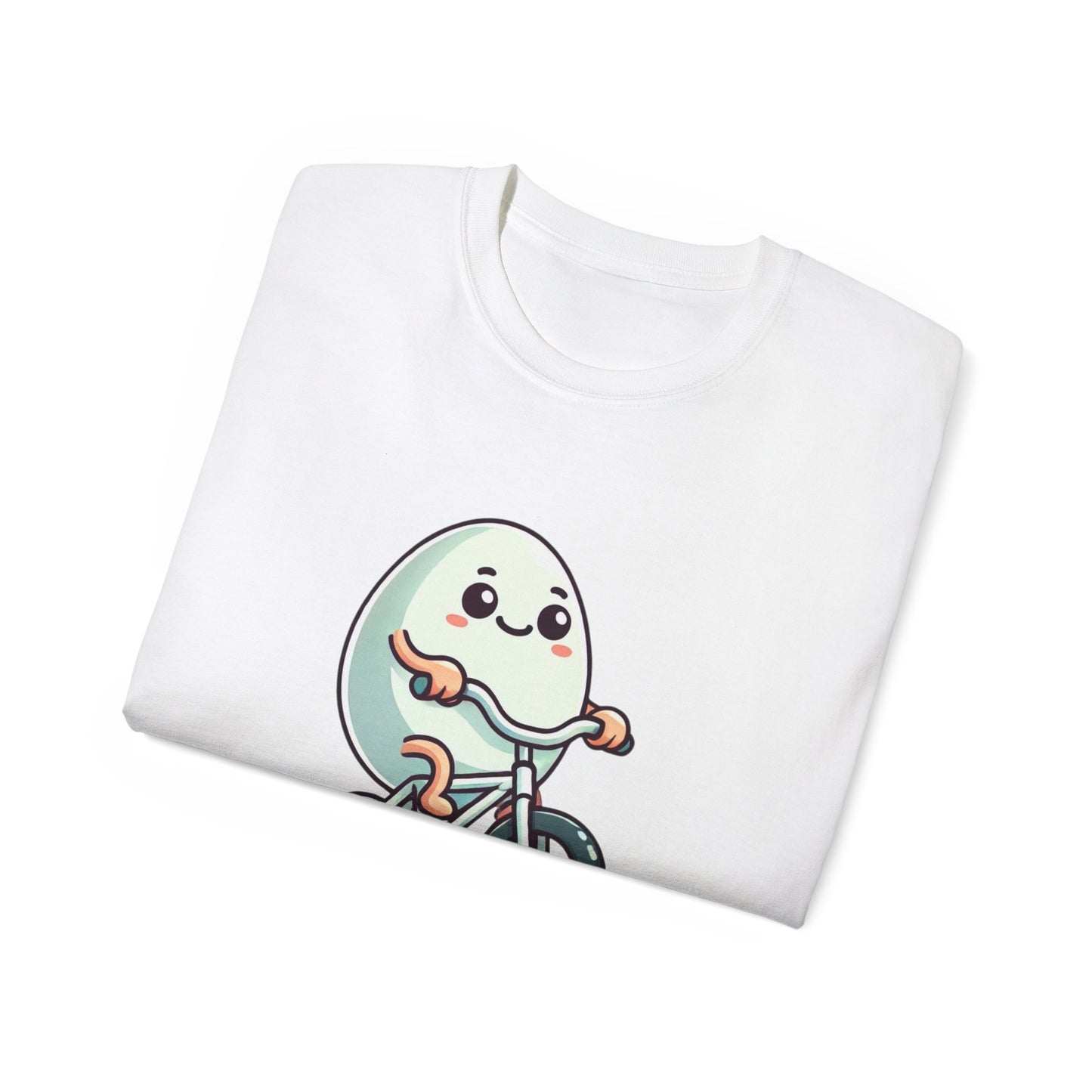 Eggs-cuse Me! Cute Egg Riding Bike T-Shirt — Funny Bicycle Cartoon Tee