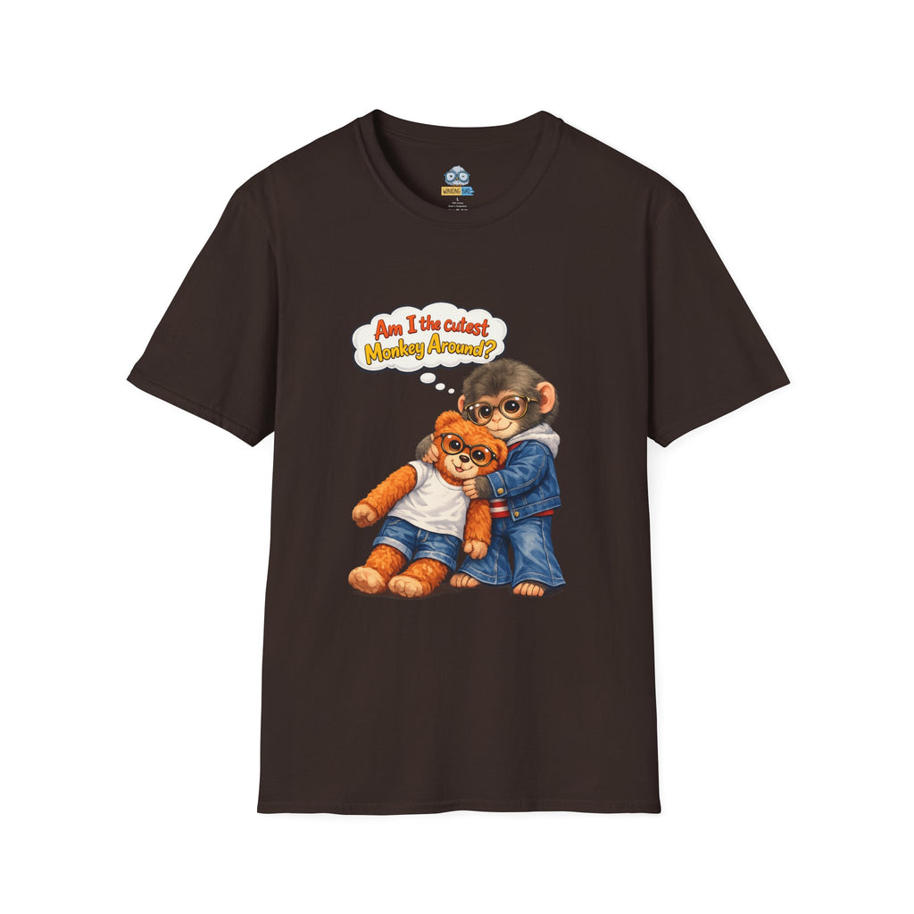 Monkey Hug T‑Shirt – Cute Chimp with Teddy Illustration Saying “Am I the cutest monkey around?”