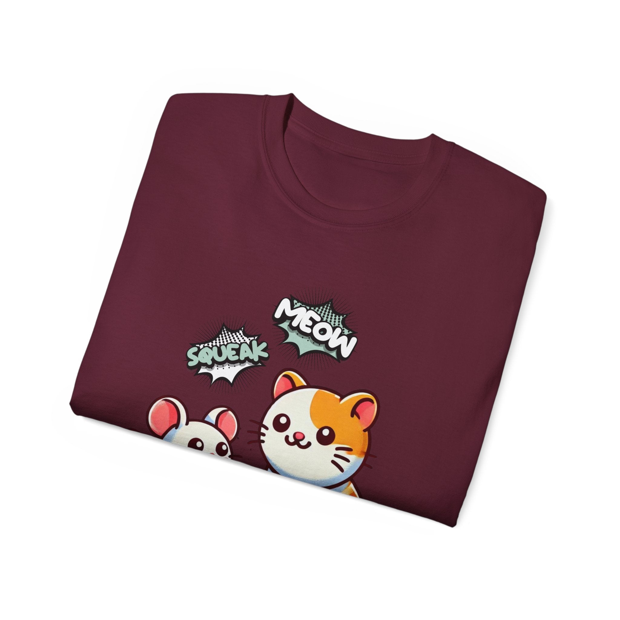Cute Cat & Mouse Graphic Tee – 'Meow' Cartoon Pet Shirt