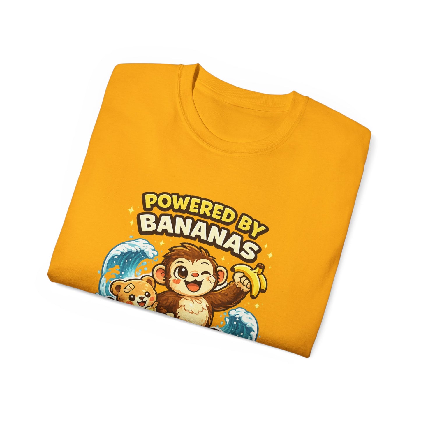 Powered by Bananas Tee — Cute Surfing Monkey & Teddy Graphic Shirt