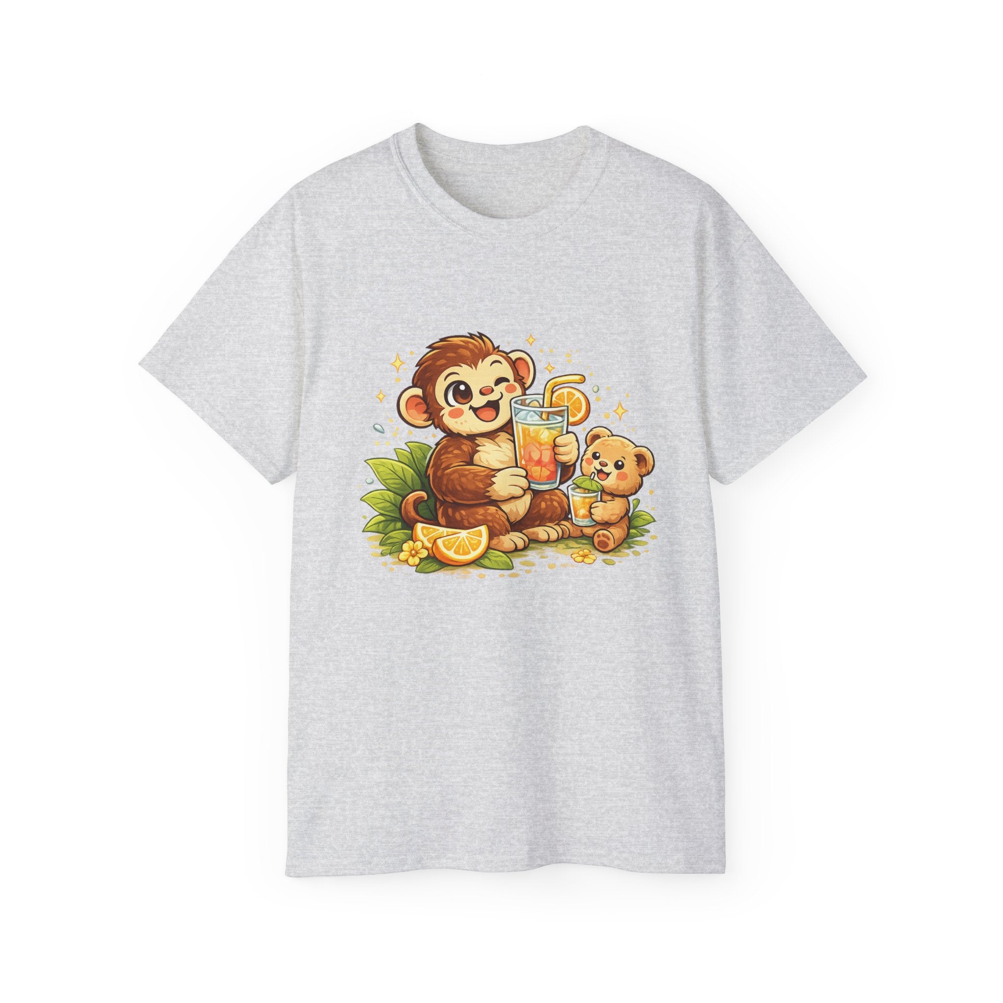 Cute Monkey & Puppy Orange Juice T-Shirt — Playful Tropical Animal Tee