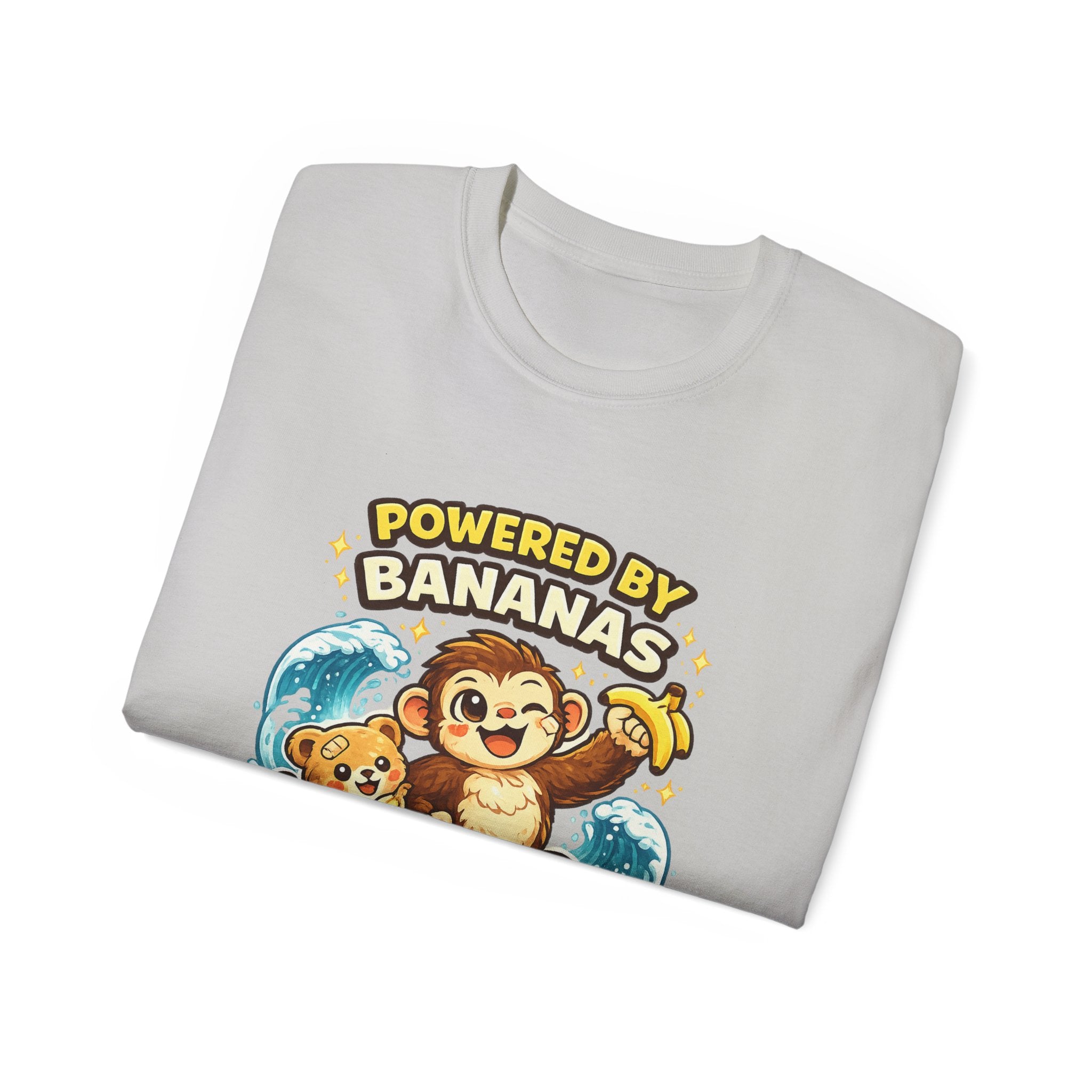 Powered by Bananas Tee — Cute Surfing Monkey & Teddy Graphic Shirt