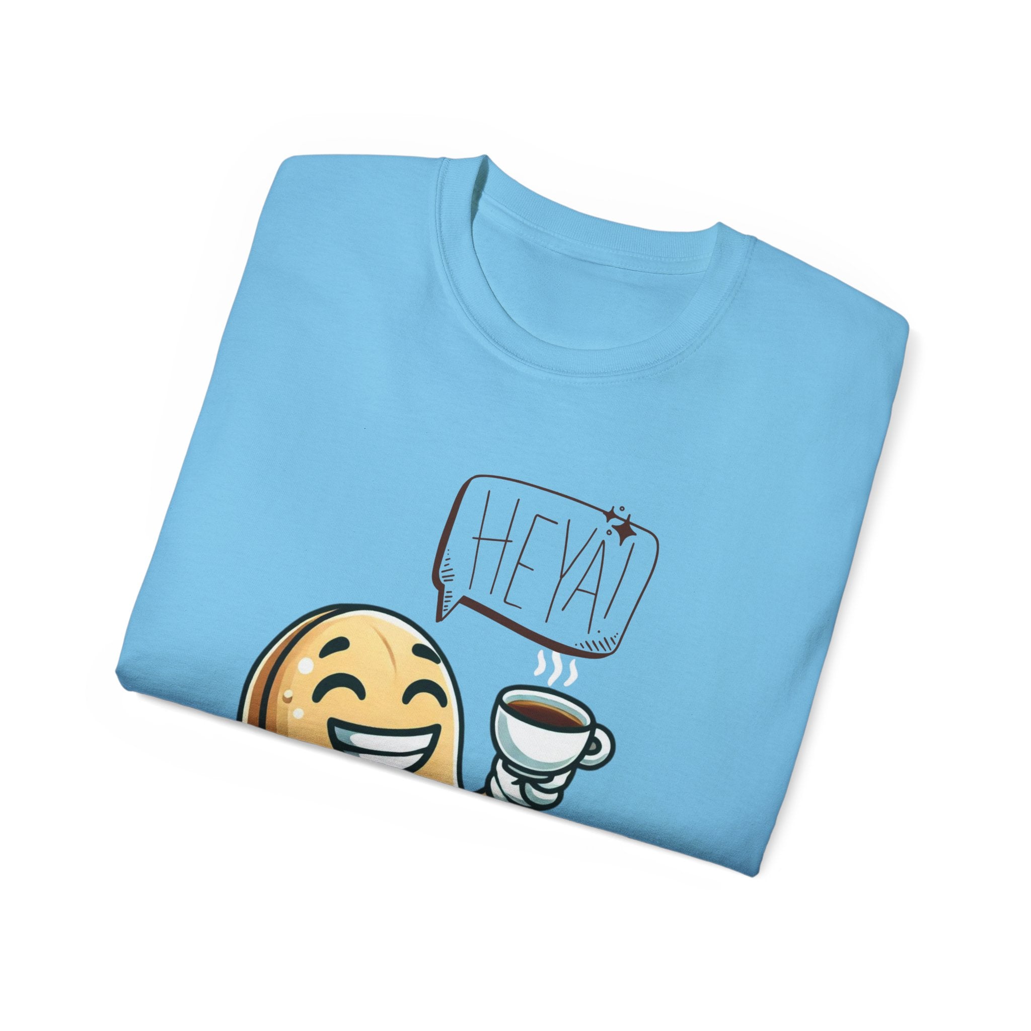 Coffee Bean Cartoon Tee — "Heya!" Cute Morning Coffee T-Shirt