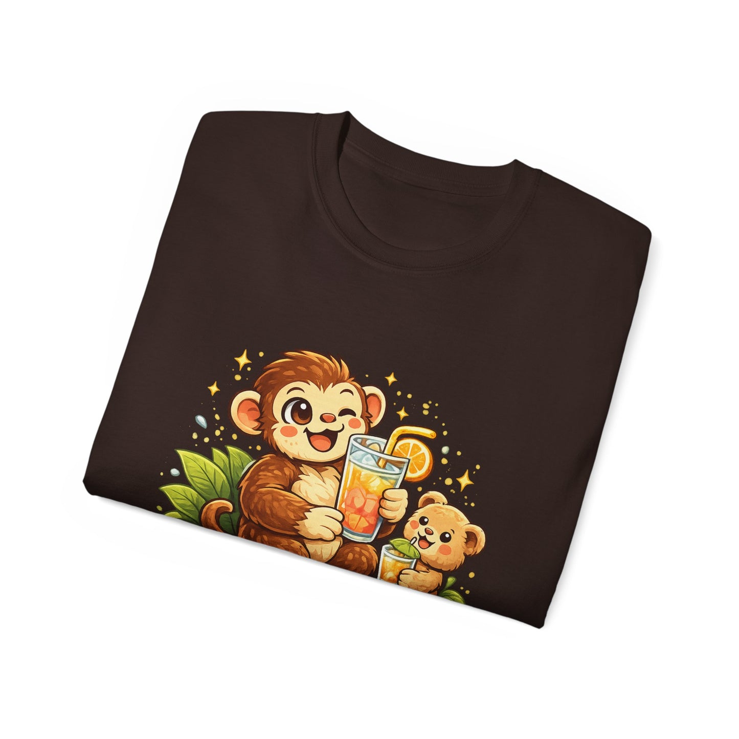 Cute Monkey & Puppy Orange Juice T-Shirt — Playful Tropical Animal Tee