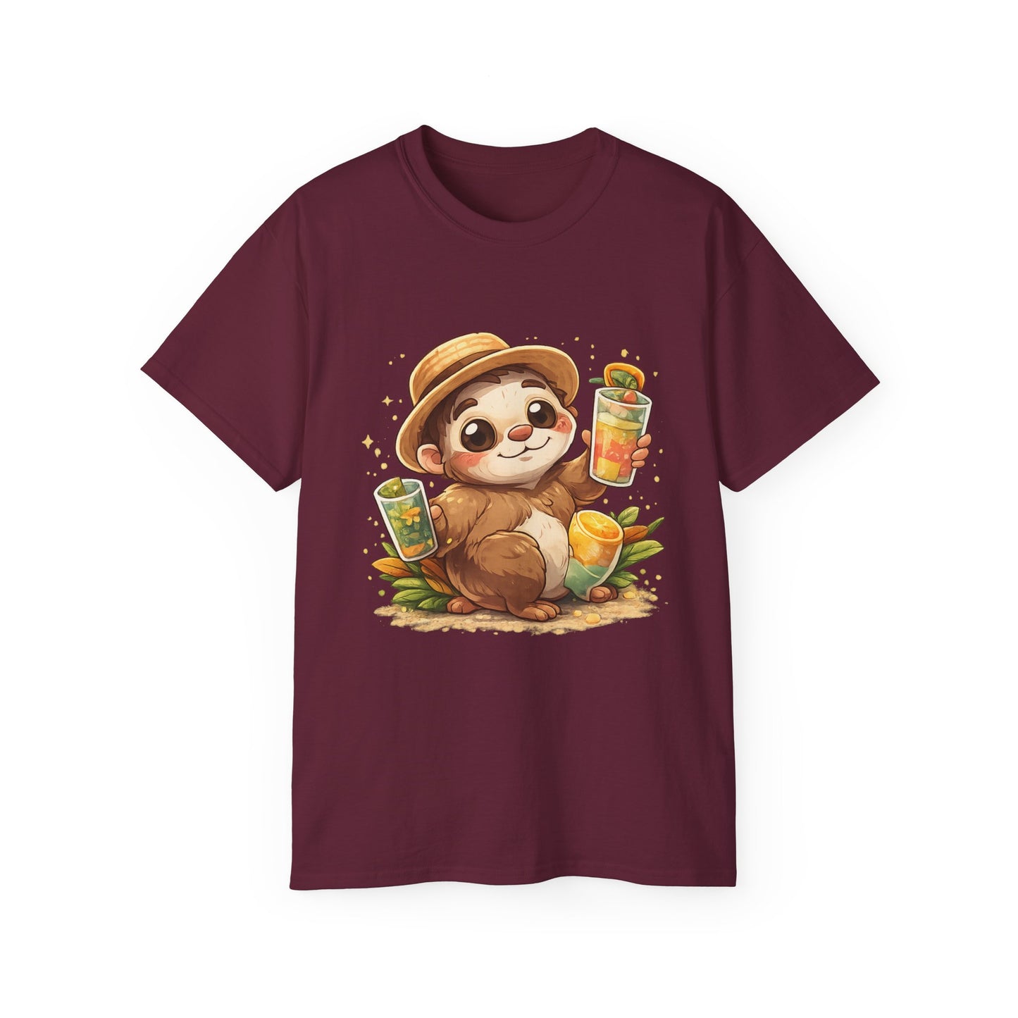 Cute Sloth Summer Tee — Sloth with Bubble Tea & Citrus Illustration Shirt