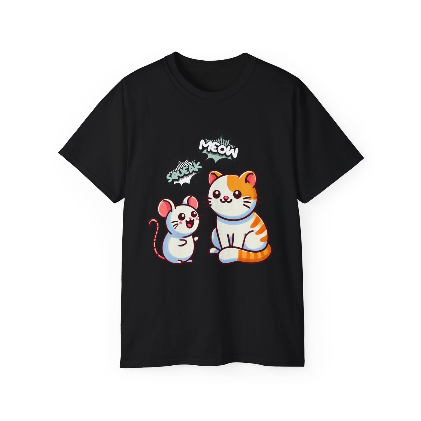 Cute Cat & Mouse Graphic Tee – 'Meow' Cartoon Pet Shirt