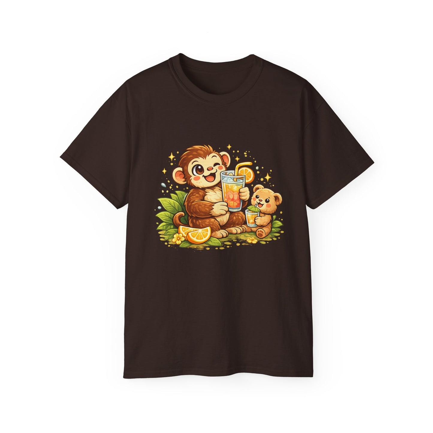Cute Monkey & Puppy Orange Juice T-Shirt — Playful Tropical Animal Tee