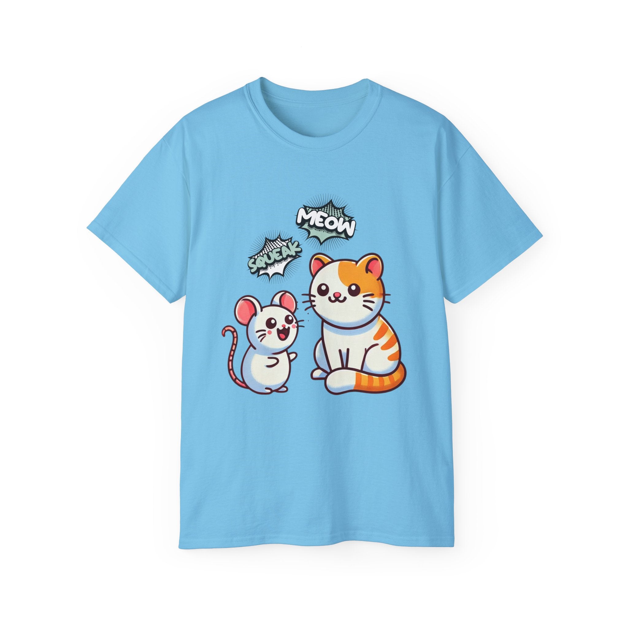 Cute Cat & Mouse Graphic Tee – 'Meow' Cartoon Pet Shirt
