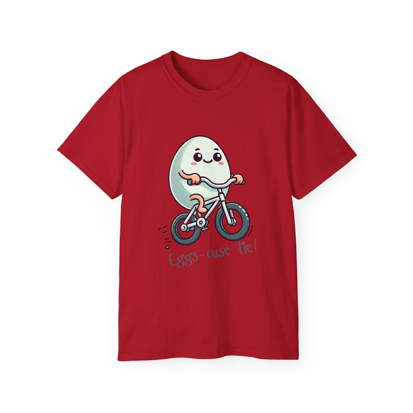Eggs-cuse Me! Cute Egg Riding Bike T-Shirt — Funny Bicycle Cartoon Tee