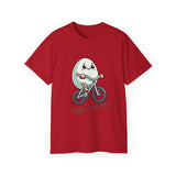Eggs-cuse Me! Cute Egg Riding Bike T-Shirt — Funny Bicycle Cartoon Tee