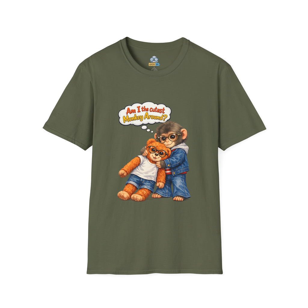 Monkey Hug T‑Shirt – Cute Chimp with Teddy Illustration Saying “Am I the cutest monkey around?”