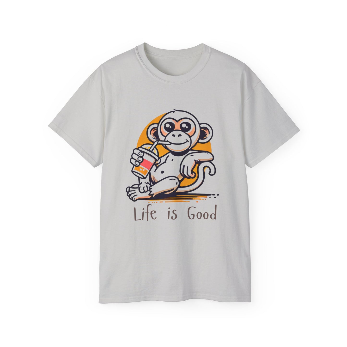Life Is Good Monkey T‑Shirt — Cute Cartoon Monkey Drinking Juice Tee