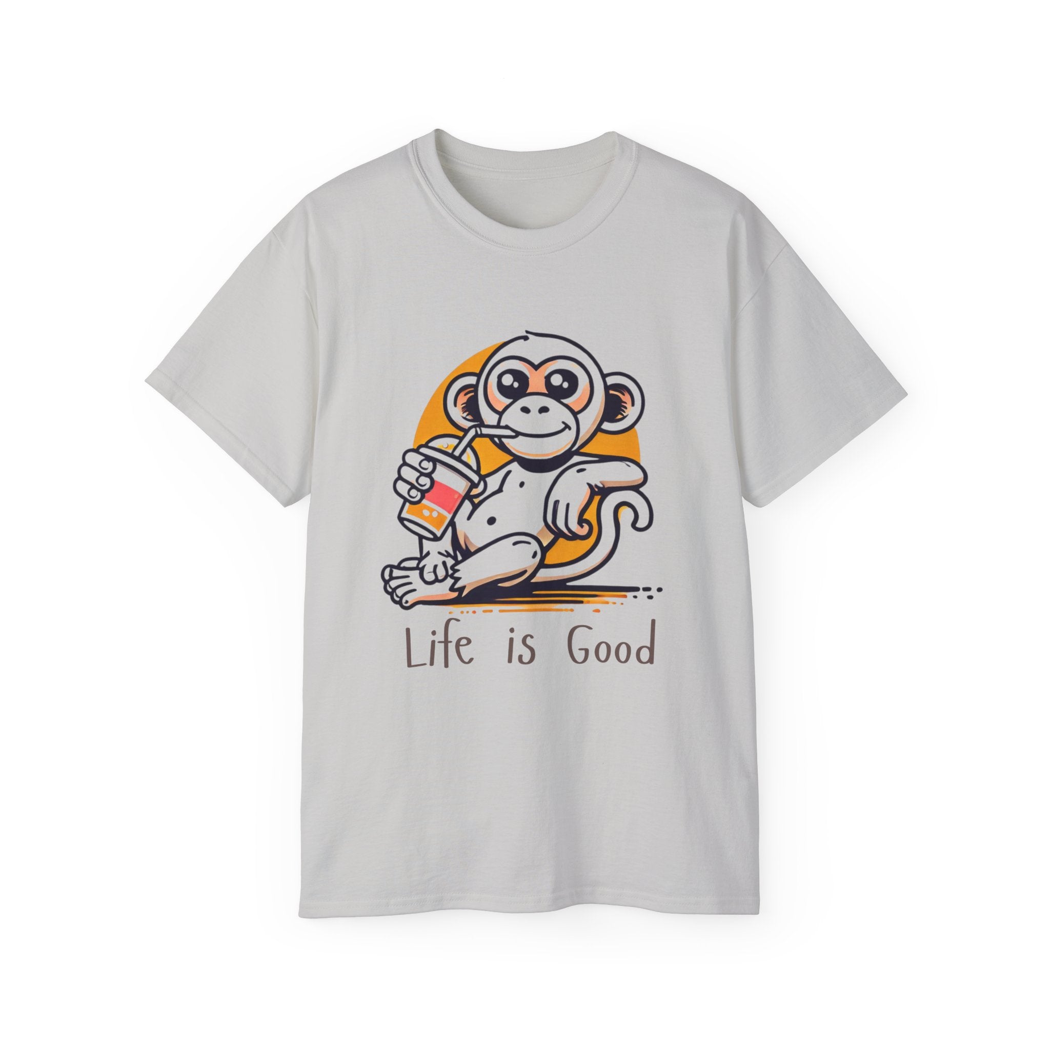 Life Is Good Monkey T‑Shirt — Cute Cartoon Monkey Drinking Juice Tee