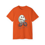 Eggs-cuse Me! Cute Egg Riding Bike T-Shirt — Funny Bicycle Cartoon Tee