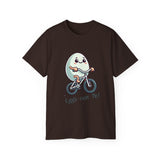 Eggs-cuse Me! Cute Egg Riding Bike T-Shirt — Funny Bicycle Cartoon Tee