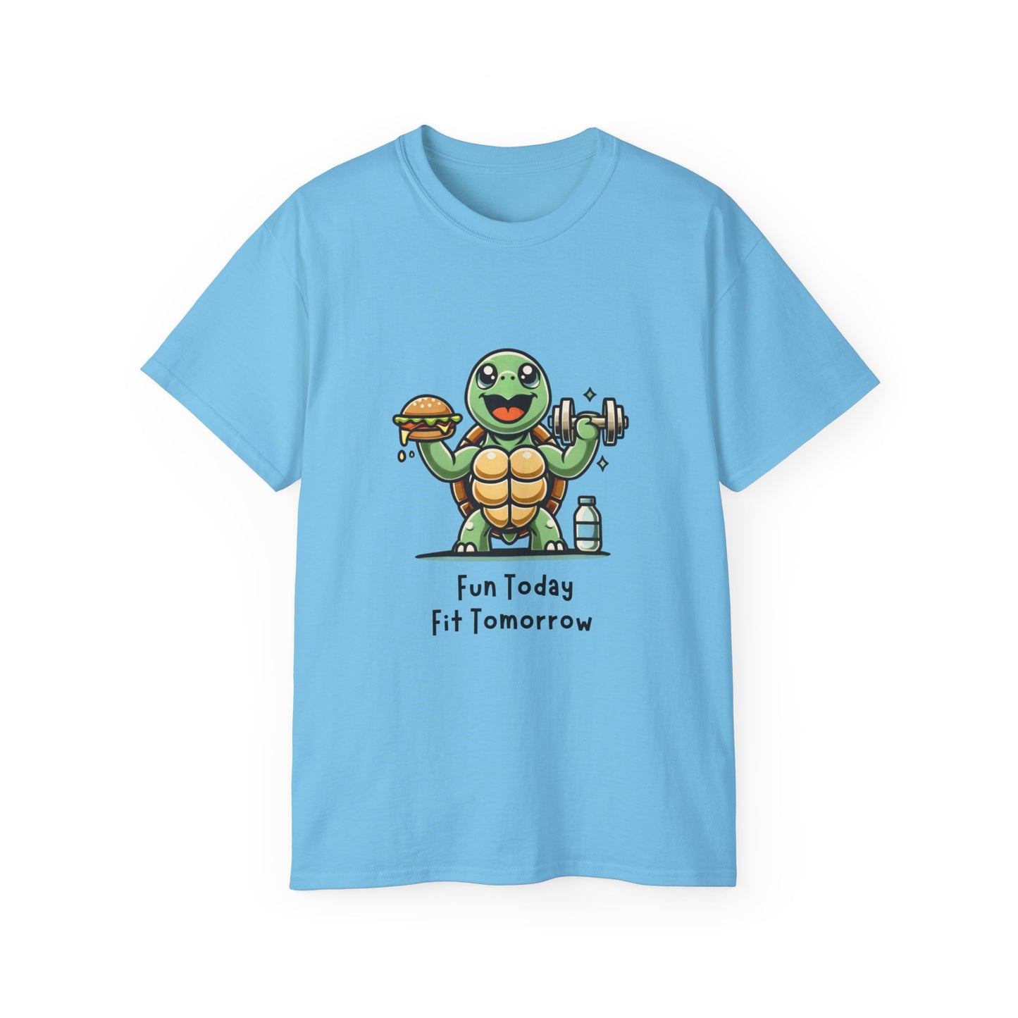 Turtle Fitness Tee — "Fun Today, Fit Tomorrow" Cute Workout Graphic Shirt