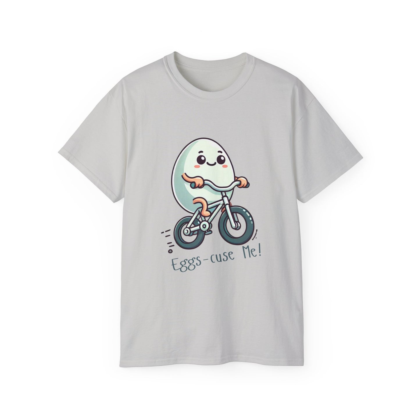 Eggs-cuse Me! Cute Egg Riding Bike T-Shirt — Funny Bicycle Cartoon Tee