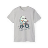 Eggs-cuse Me! Cute Egg Riding Bike T-Shirt — Funny Bicycle Cartoon Tee
