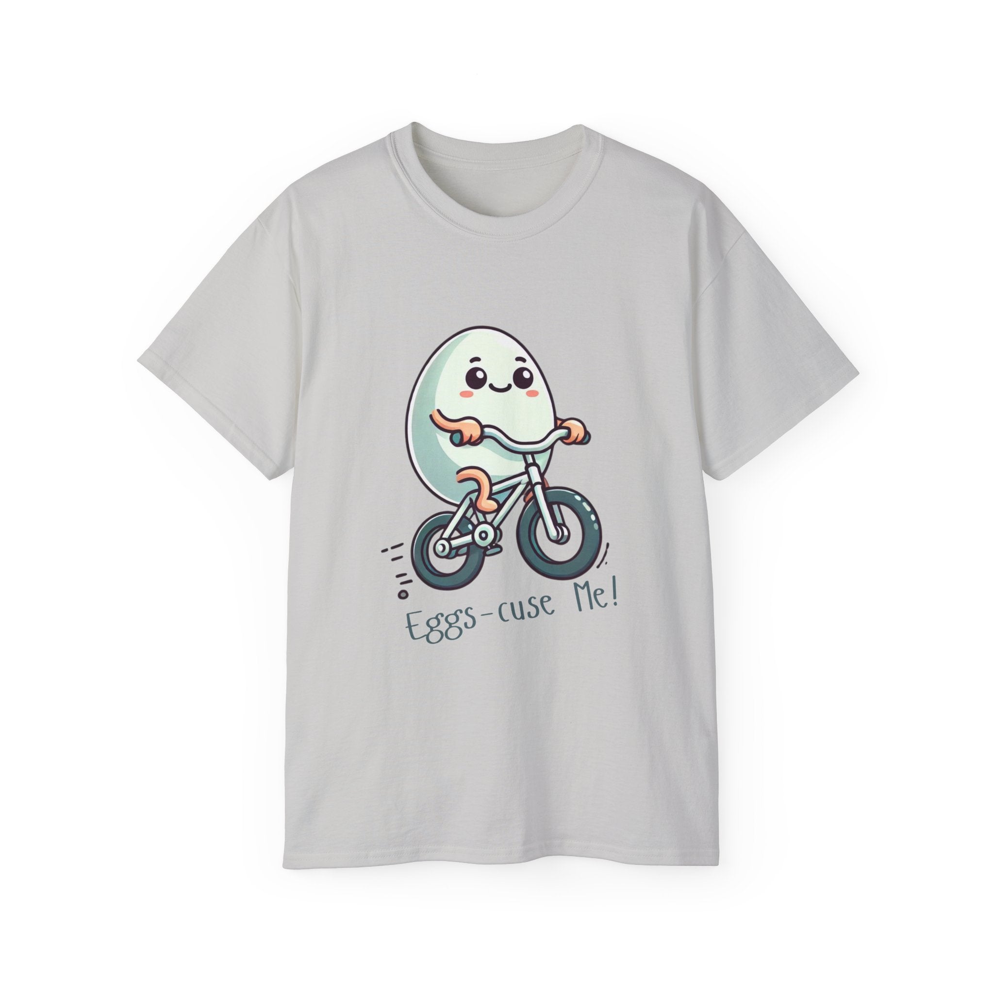 Eggs-cuse Me! Cute Egg Riding Bike T-Shirt — Funny Bicycle Cartoon Tee