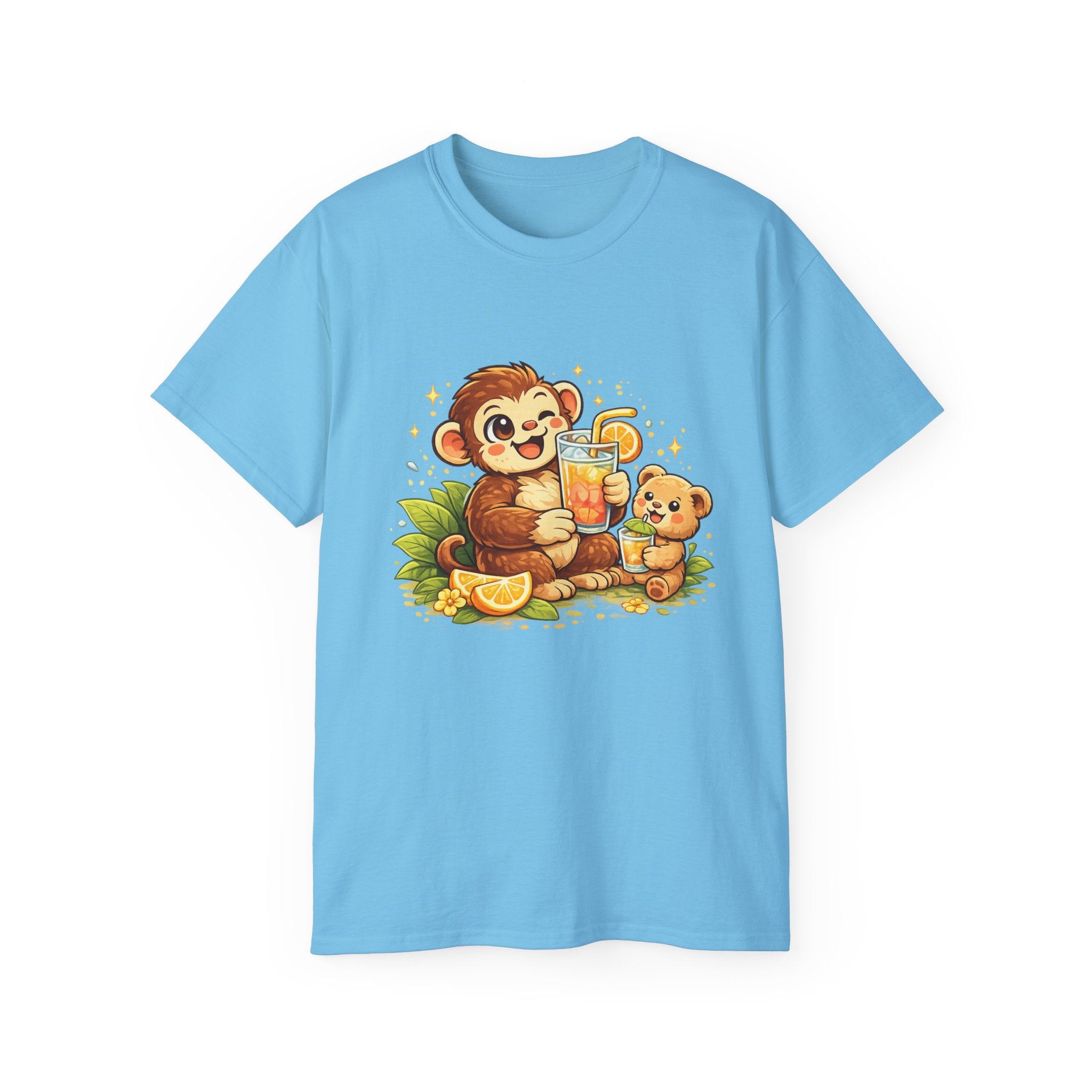 Cute Monkey & Puppy Orange Juice T-Shirt — Playful Tropical Animal Tee