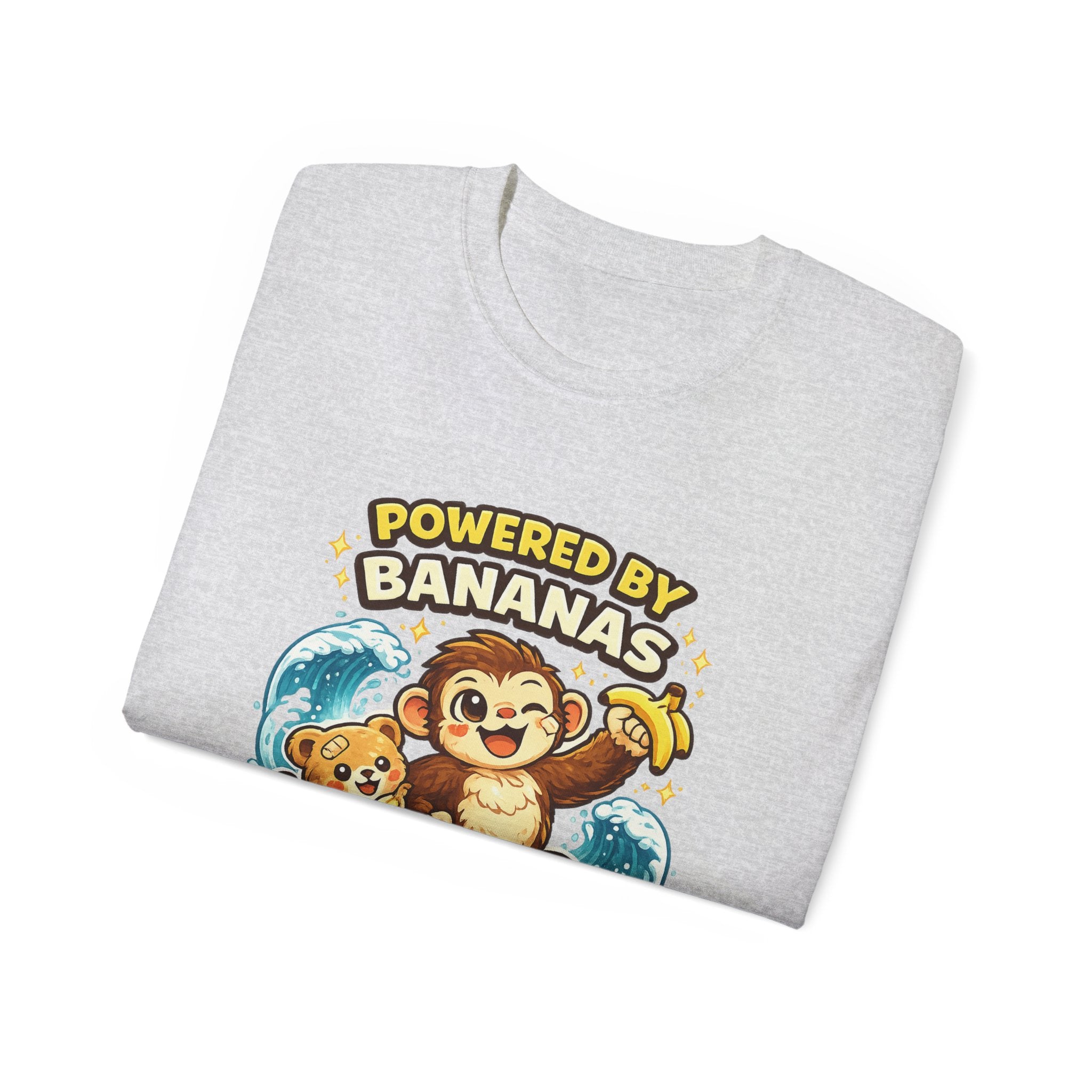 Powered by Bananas Tee — Cute Surfing Monkey & Teddy Graphic Shirt