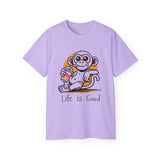 Life Is Good Monkey T‑Shirt — Cute Cartoon Monkey Drinking Juice Tee