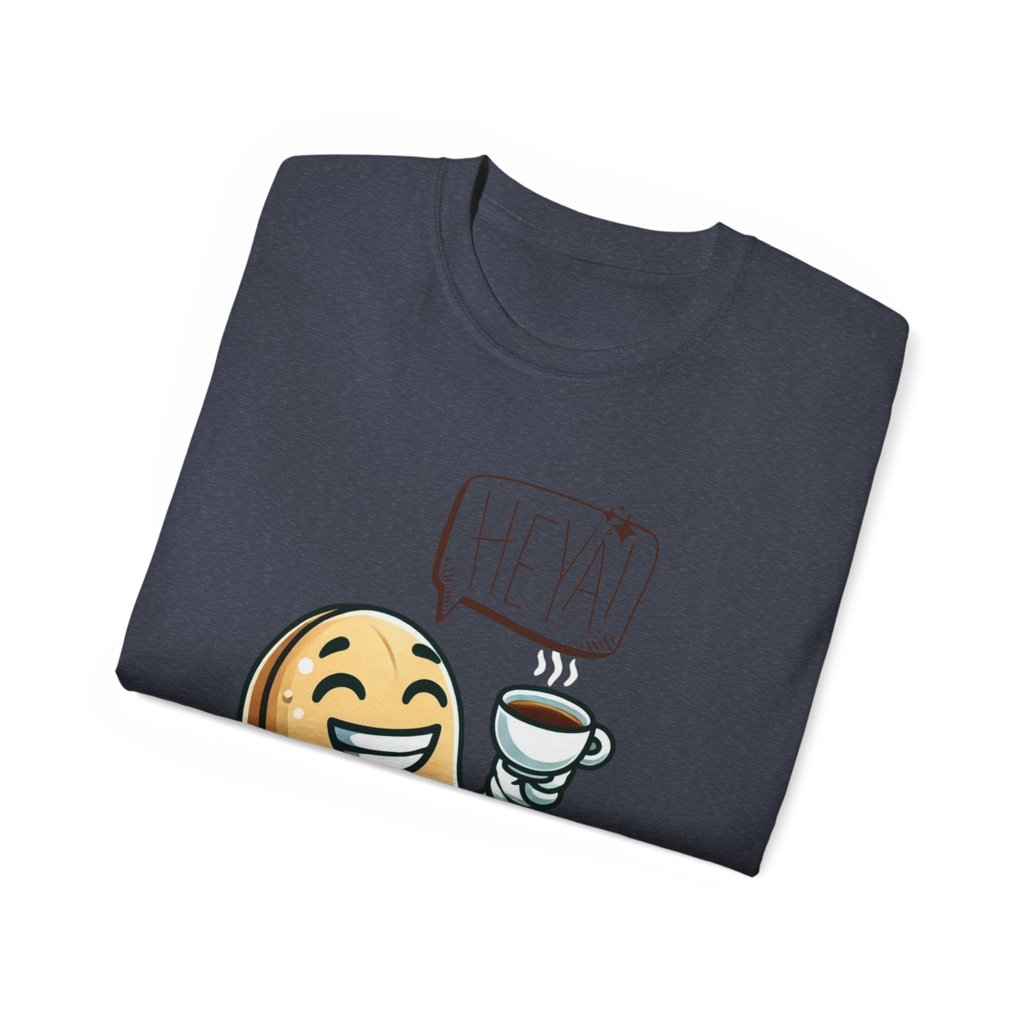 Coffee Bean Cartoon Tee — "Heya!" Cute Morning Coffee T-Shirt