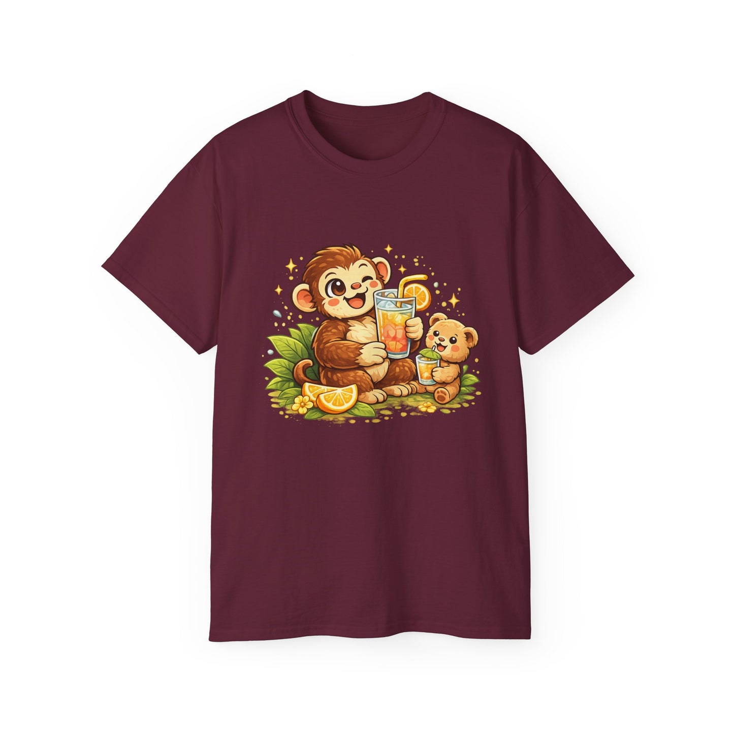 Cute Monkey & Puppy Orange Juice T-Shirt — Playful Tropical Animal Tee
