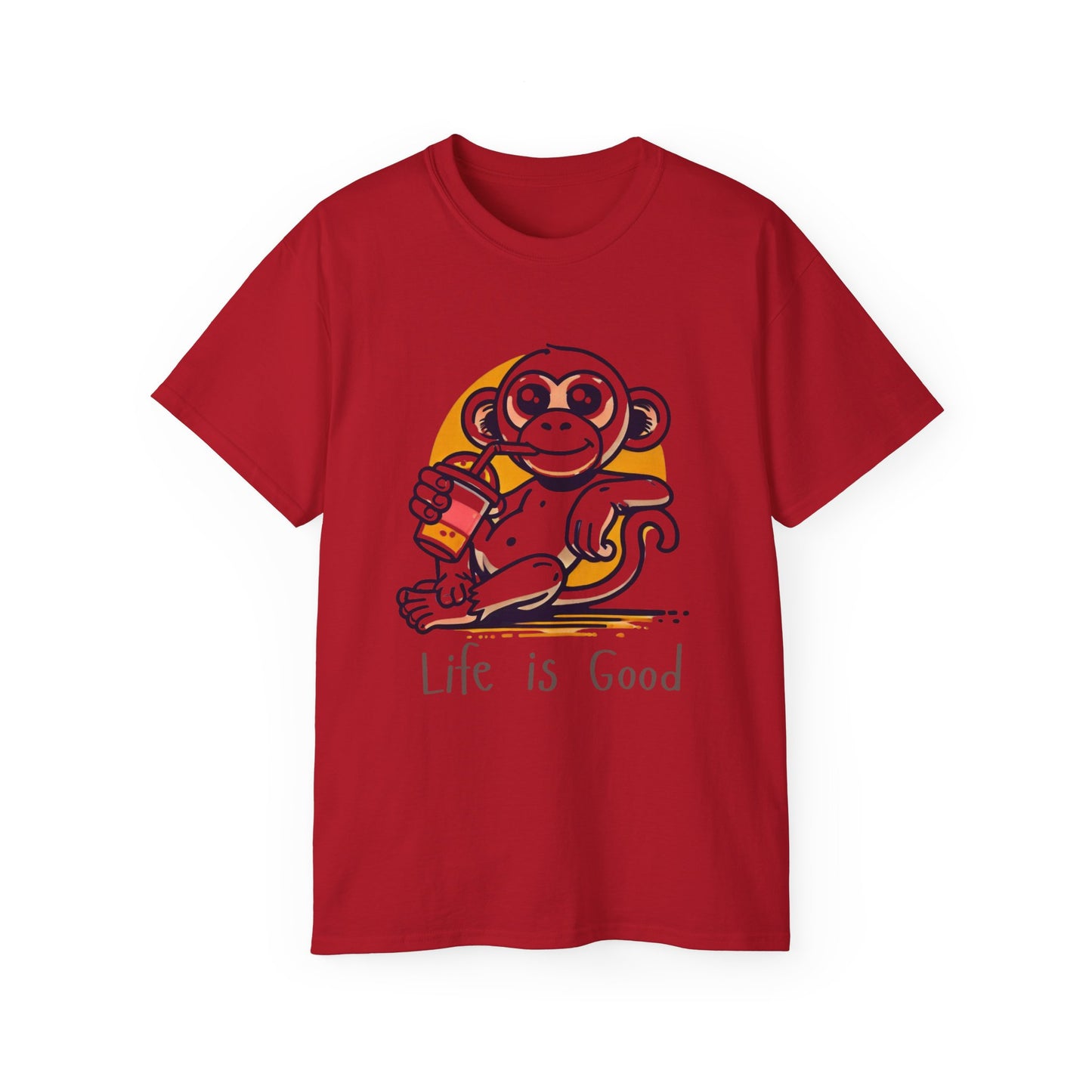 Life Is Good Monkey T‑Shirt — Cute Cartoon Monkey Drinking Juice Tee