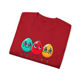 Cute Easter Egg Trio T‑Shirt — Colorful Cartoon Eggs Graphic Tee