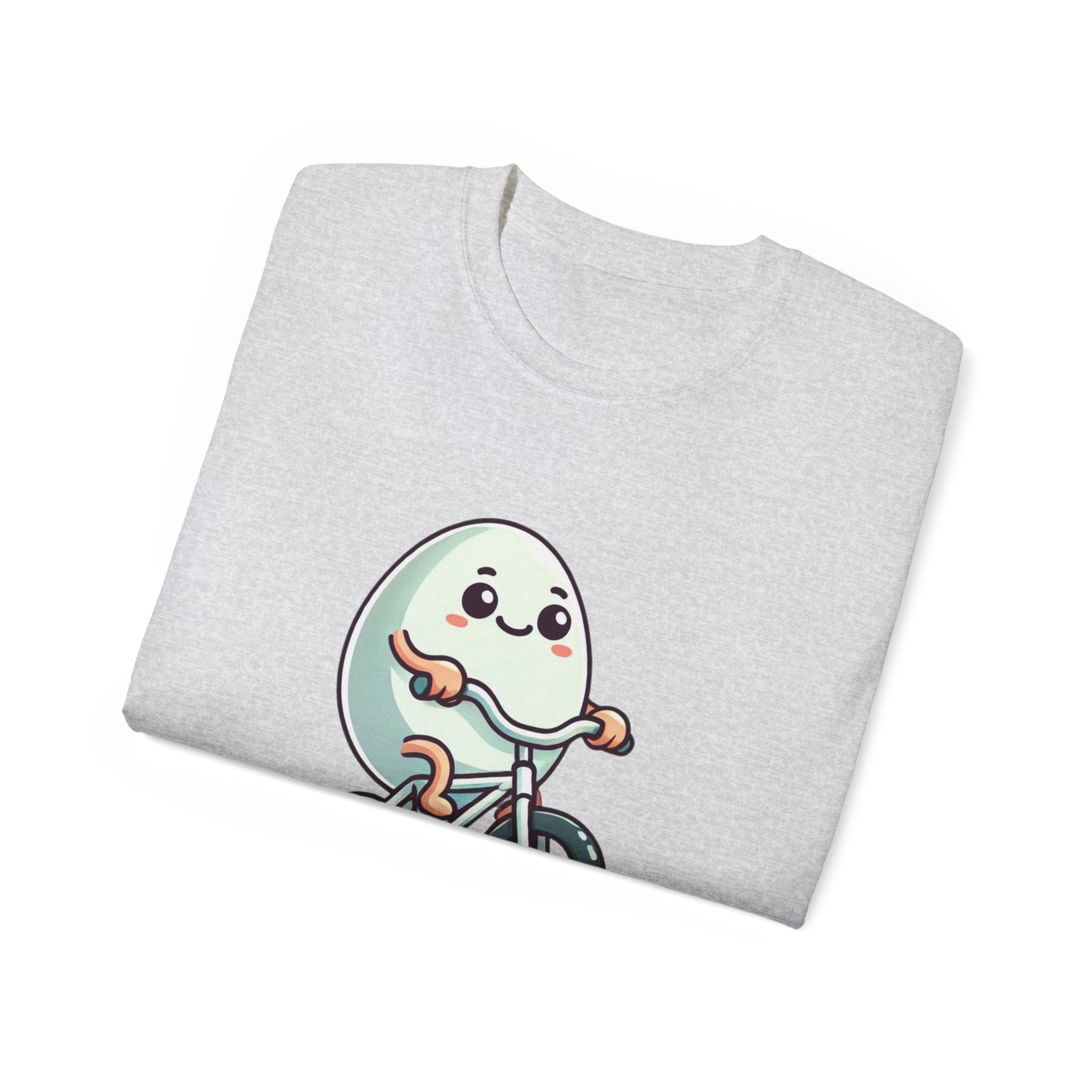 Eggs-cuse Me! Cute Egg Riding Bike T-Shirt — Funny Bicycle Cartoon Tee