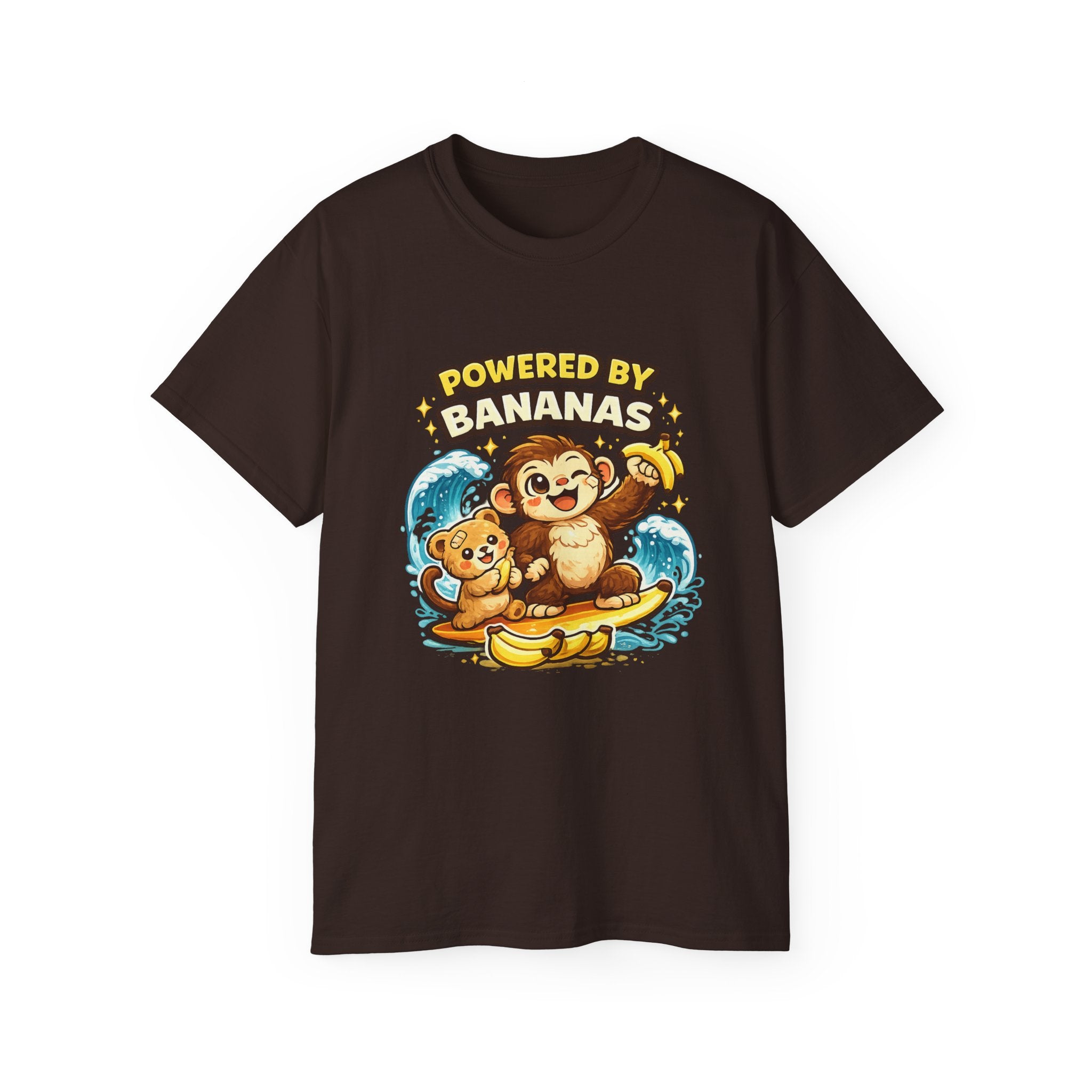 Powered by Bananas Tee — Cute Surfing Monkey & Teddy Graphic Shirt