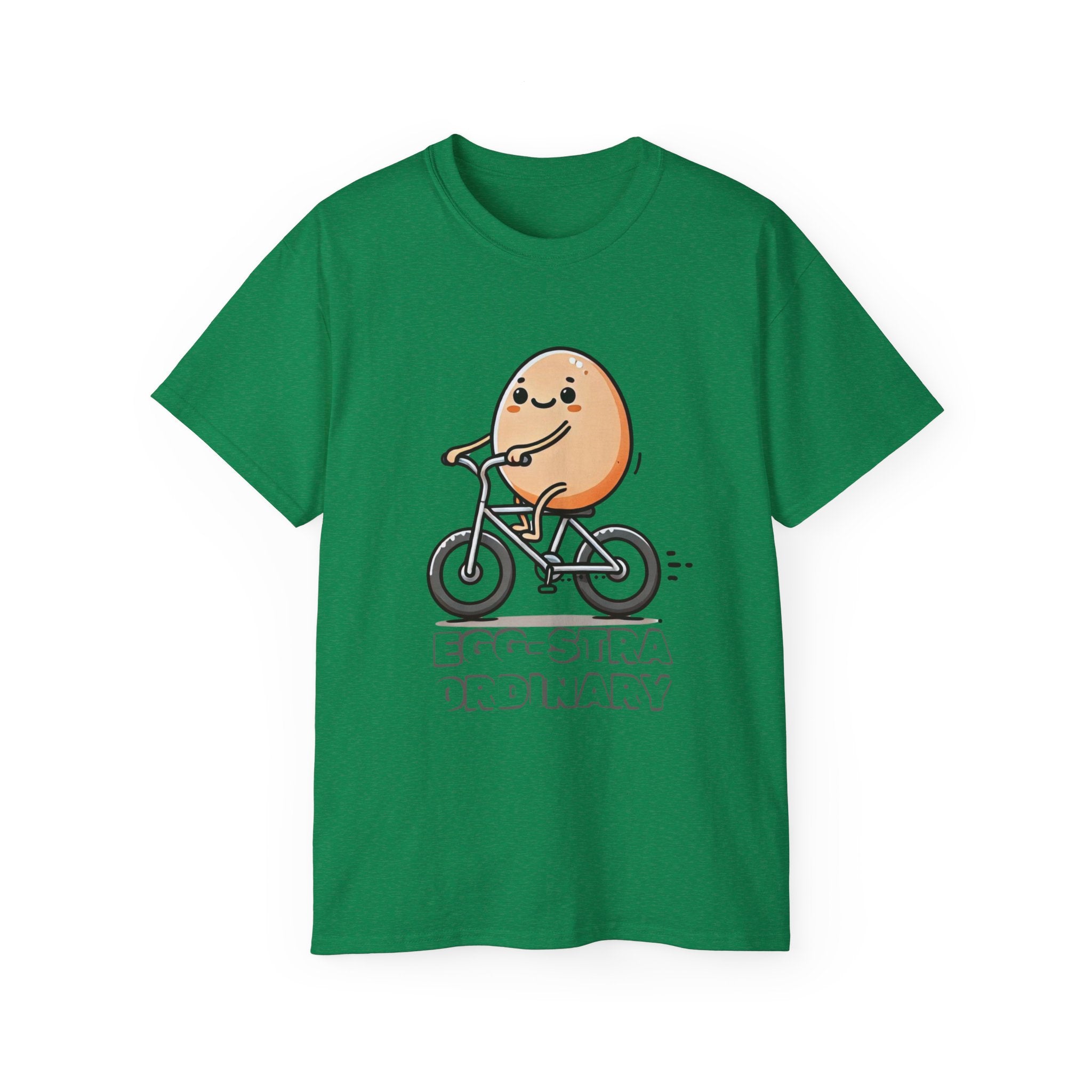 Cute Egg on Bike T-Shirt — “Eggs-tra Ordinary” Funny Cycling Tee