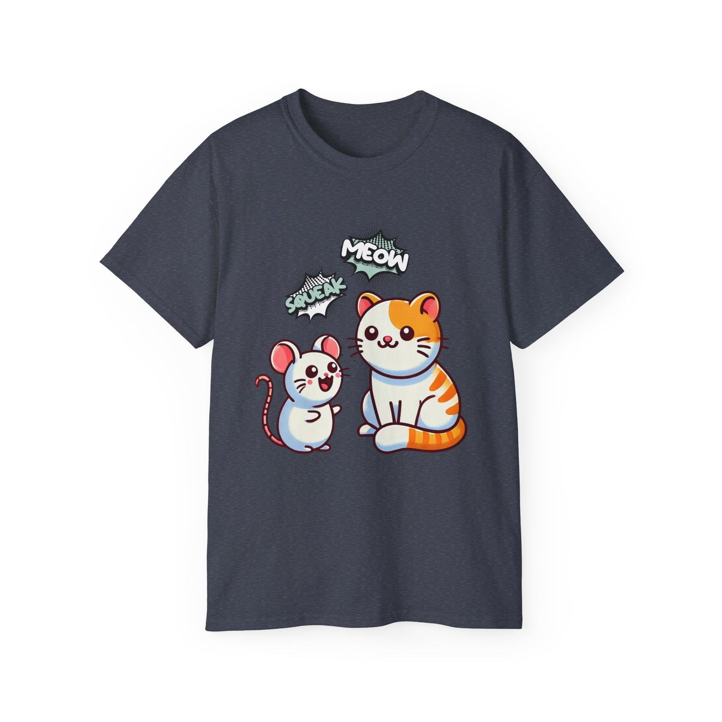 Cute Cat & Mouse Graphic Tee – 'Meow' Cartoon Pet Shirt