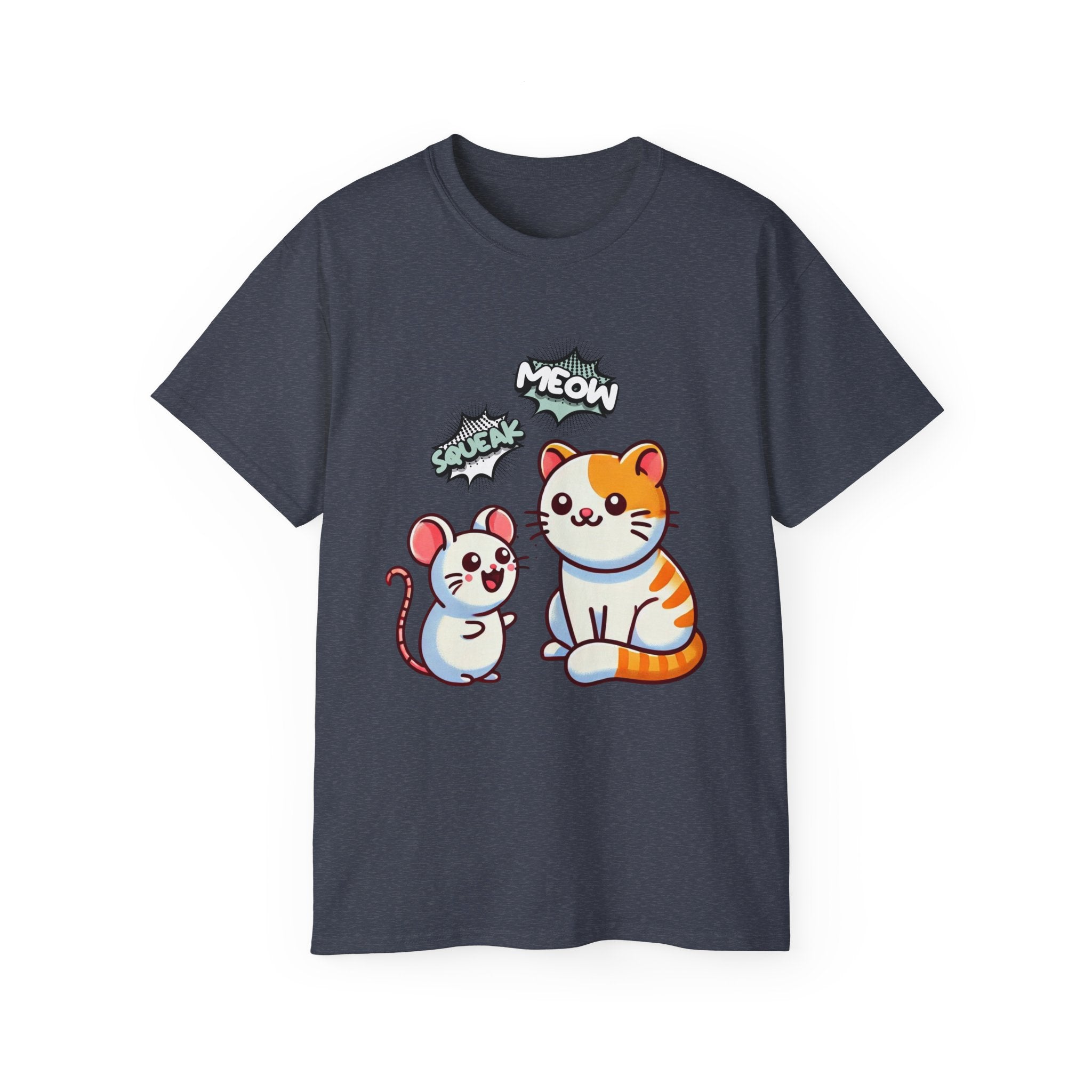 Cute Cat & Mouse Graphic Tee – 'Meow' Cartoon Pet Shirt