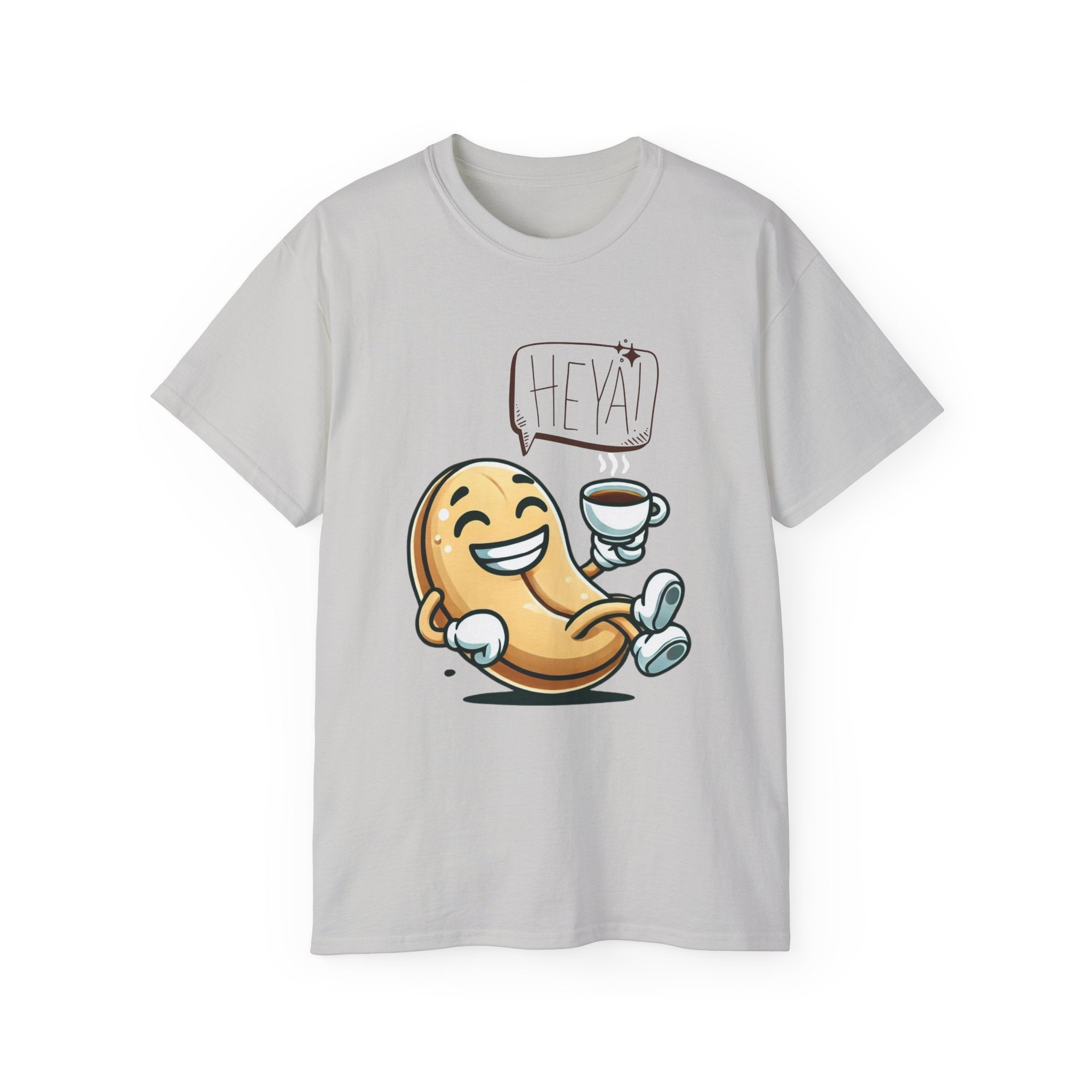 Coffee Bean Cartoon Tee — "Heya!" Cute Morning Coffee T-Shirt