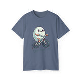Eggs-cuse Me! Cute Egg Riding Bike T-Shirt — Funny Bicycle Cartoon Tee