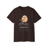 Cute Egg on Bike T-Shirt — “Eggs-tra Ordinary” Funny Cycling Tee