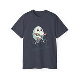 Eggs-cuse Me! Cute Egg Riding Bike T-Shirt — Funny Bicycle Cartoon Tee