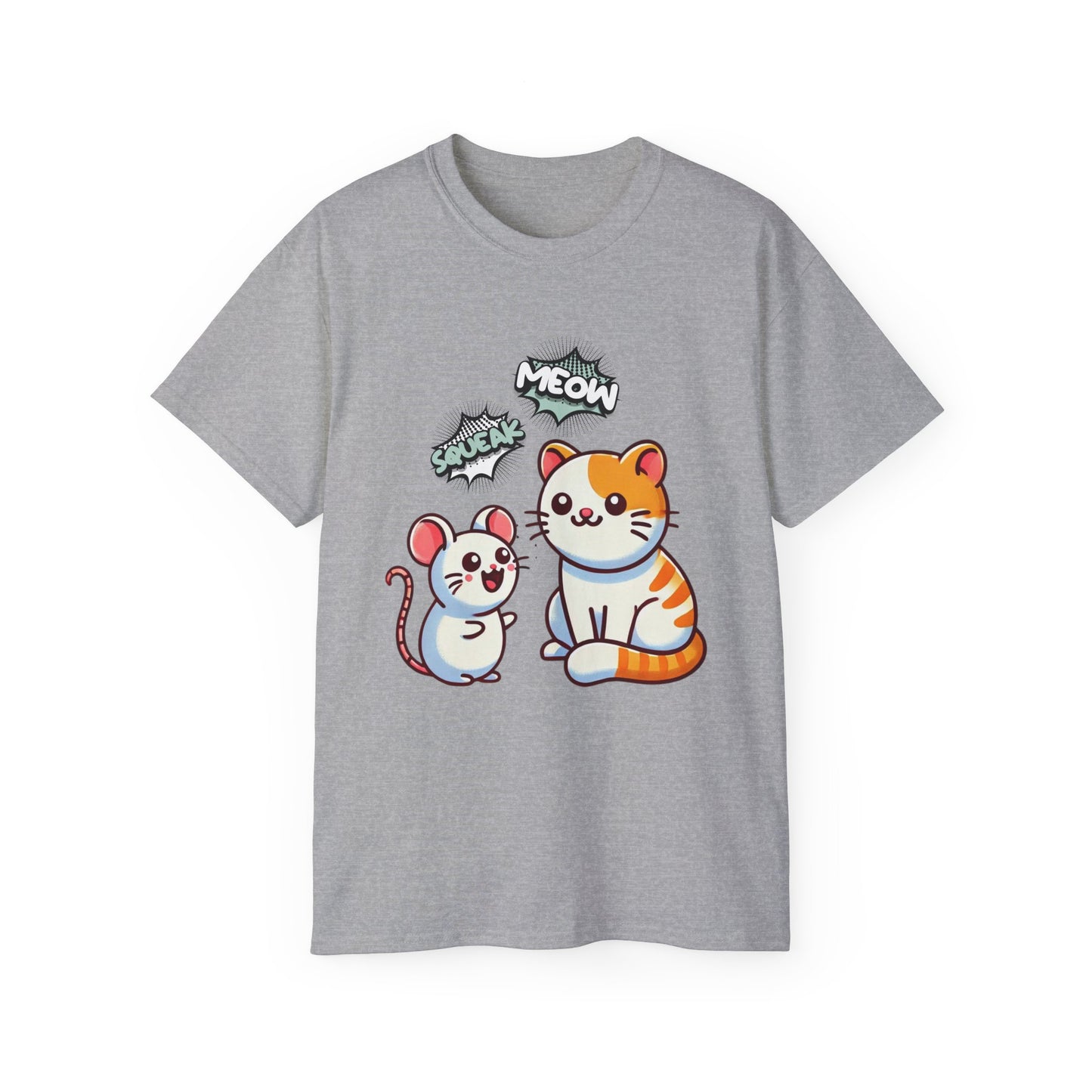 Cute Cat & Mouse Graphic Tee – 'Meow' Cartoon Pet Shirt