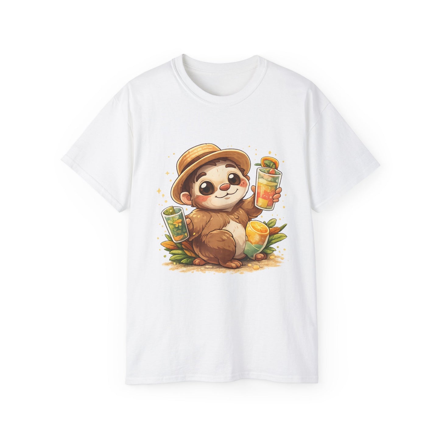 Cute Sloth Summer Tee — Sloth with Bubble Tea & Citrus Illustration Shirt
