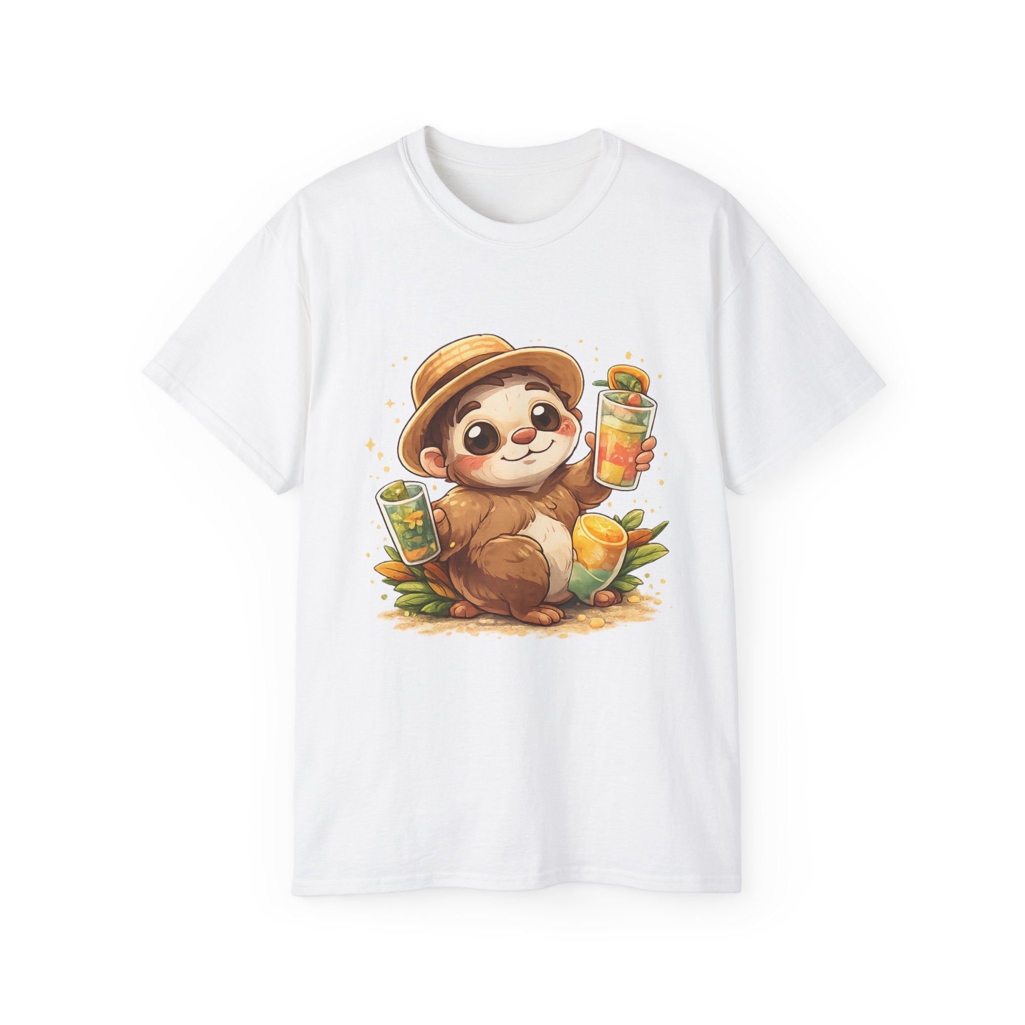 Cute Sloth Summer Tee — Sloth with Bubble Tea & Citrus Illustration Shirt