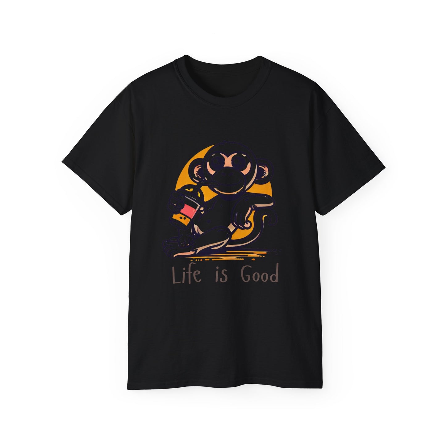 Life Is Good Monkey T‑Shirt — Cute Cartoon Monkey Drinking Juice Tee