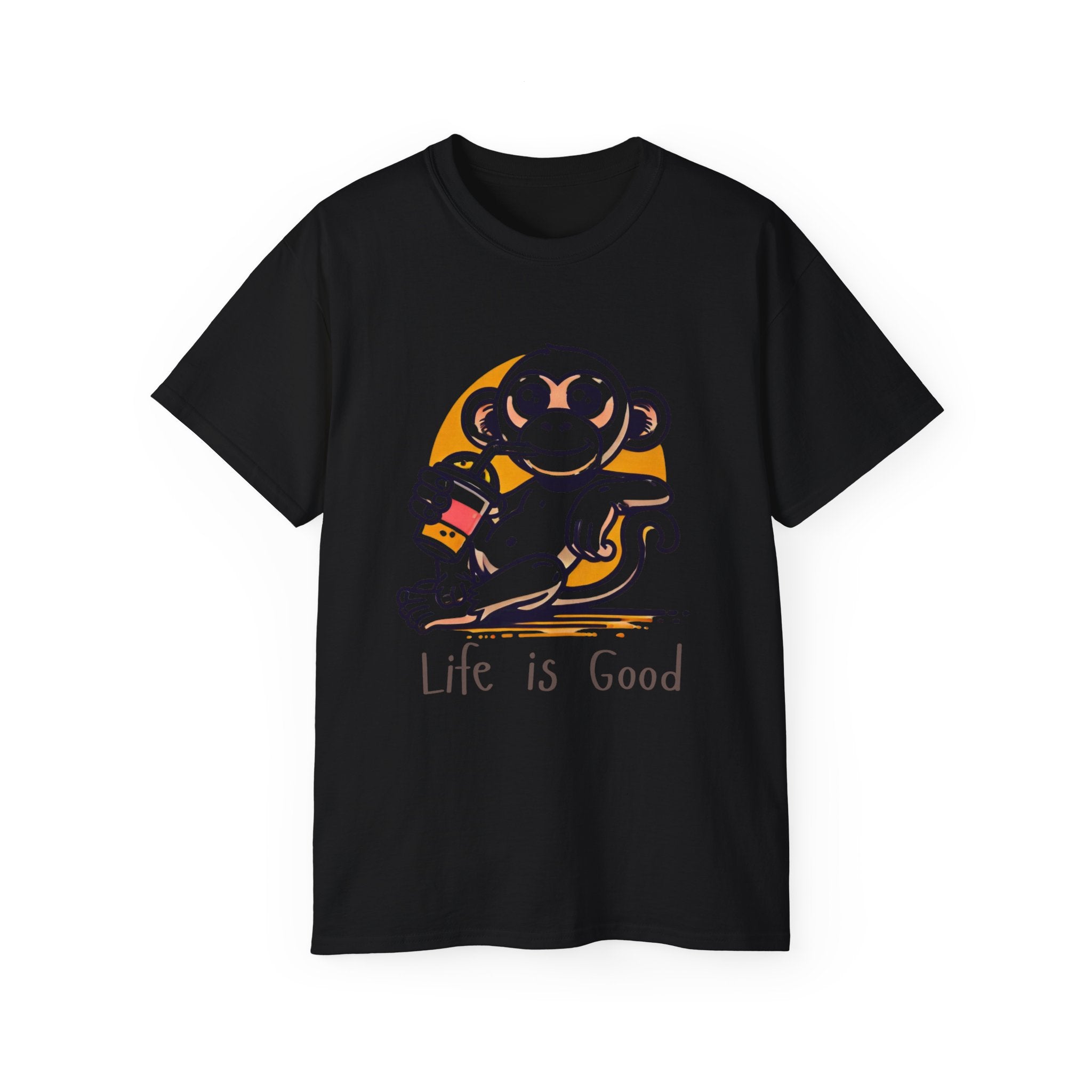 Life Is Good Monkey T‑Shirt — Cute Cartoon Monkey Drinking Juice Tee