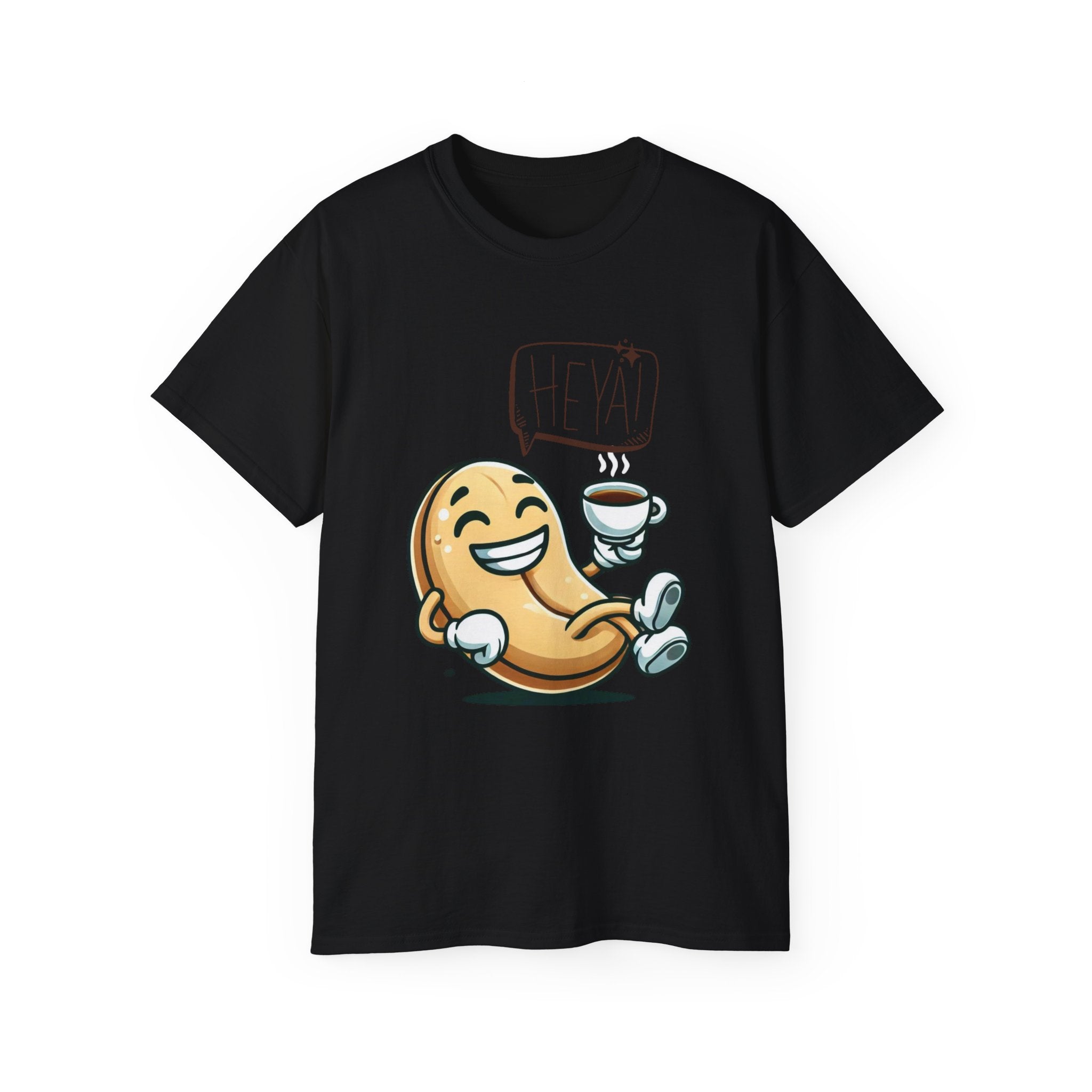Coffee Bean Cartoon Tee — "Heya!" Cute Morning Coffee T-Shirt