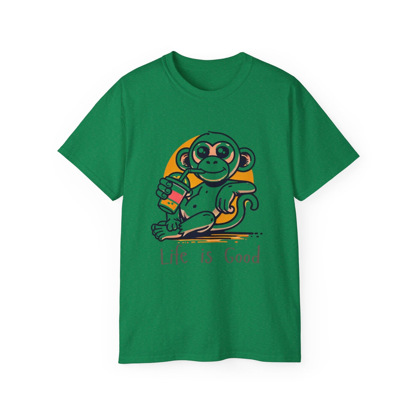 Life Is Good Monkey T‑Shirt — Cute Cartoon Monkey Drinking Juice Tee