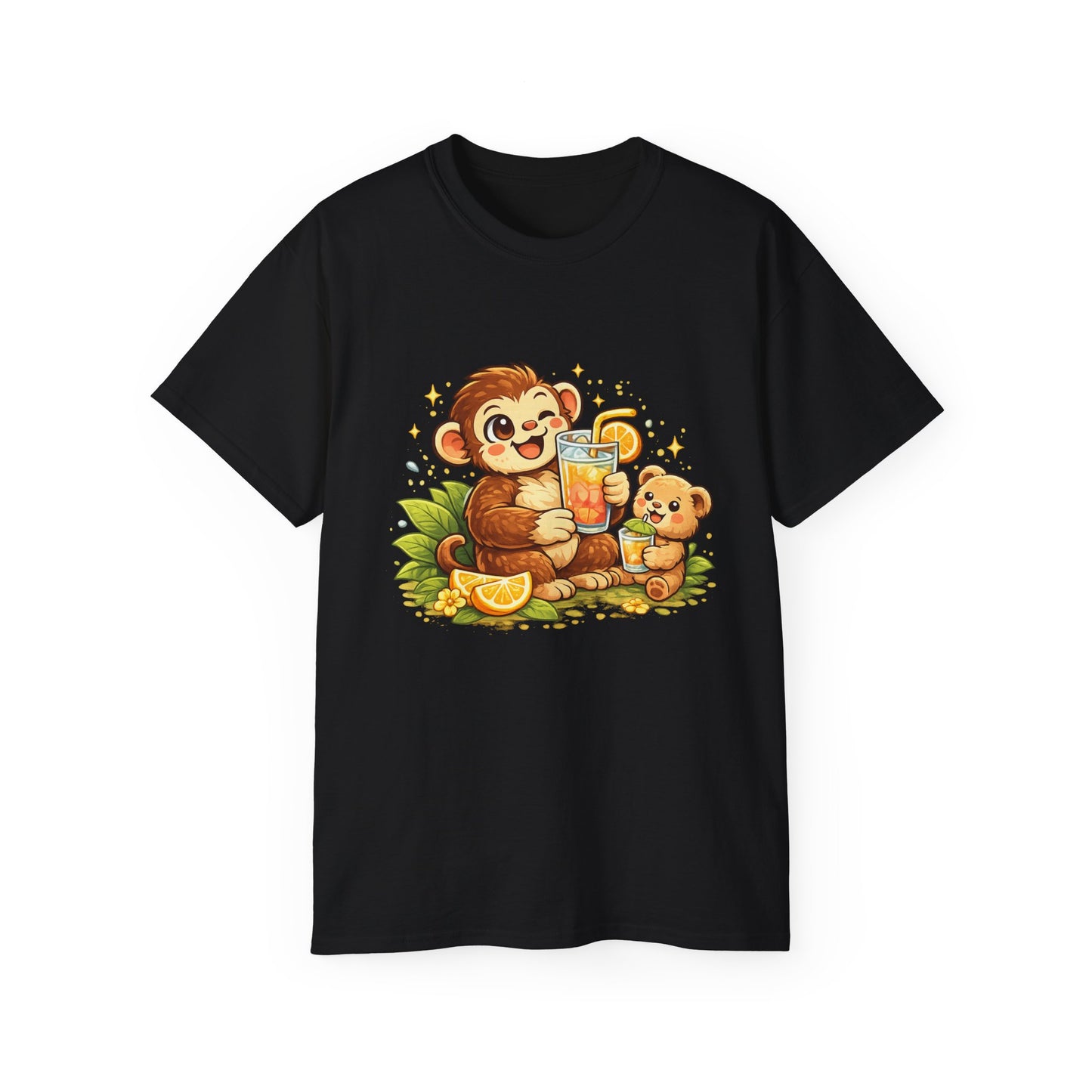 Cute Monkey & Puppy Orange Juice T-Shirt — Playful Tropical Animal Tee