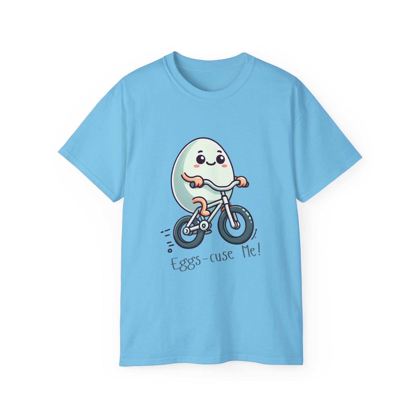Eggs-cuse Me! Cute Egg Riding Bike T-Shirt — Funny Bicycle Cartoon Tee