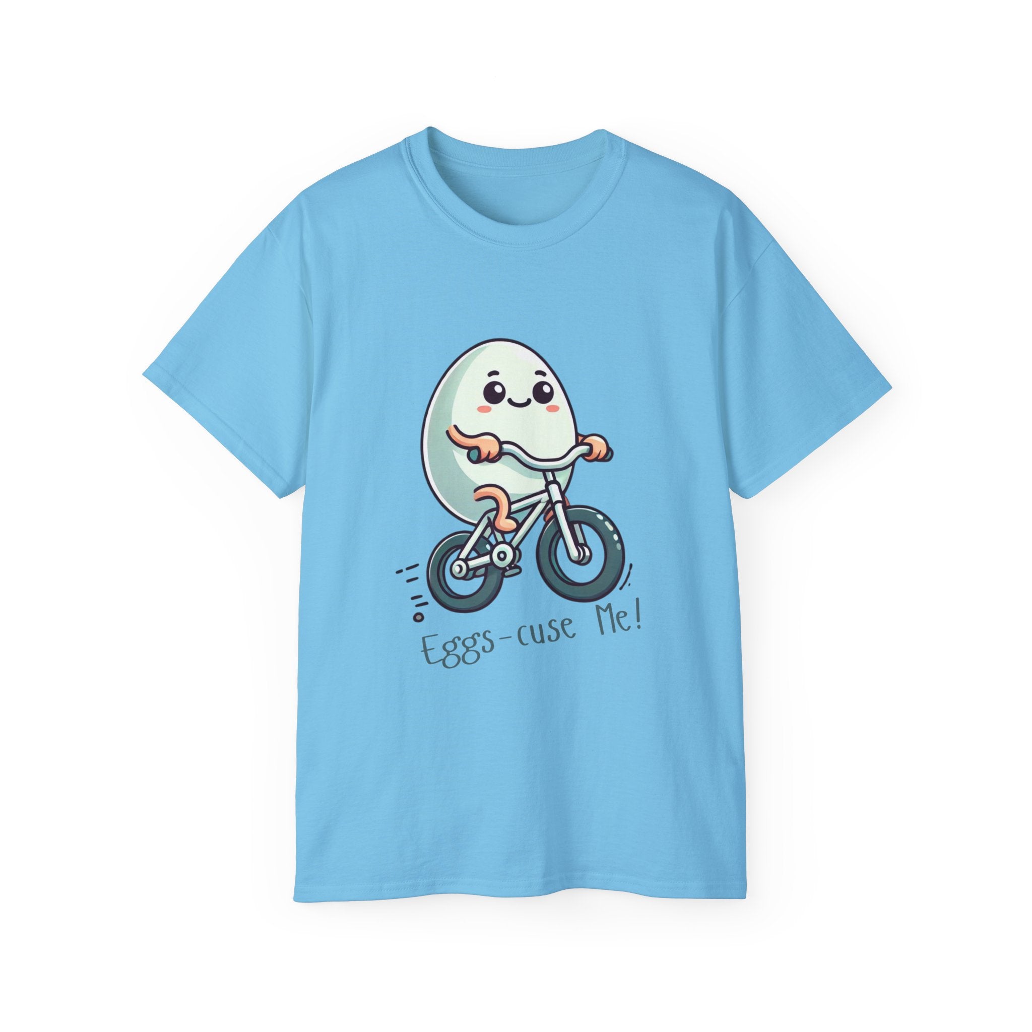 Eggs-cuse Me! Cute Egg Riding Bike T-Shirt — Funny Bicycle Cartoon Tee